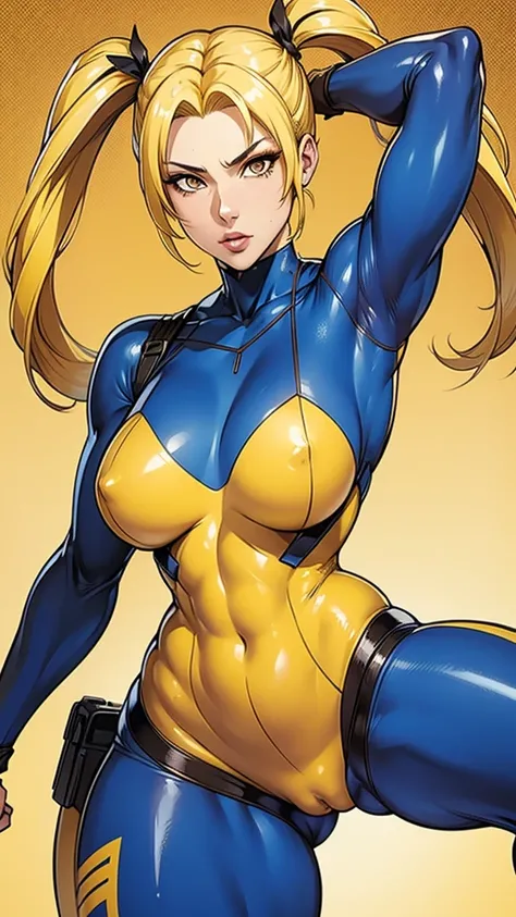 1Woman, bodysuit, hero, twintail, yellow hair