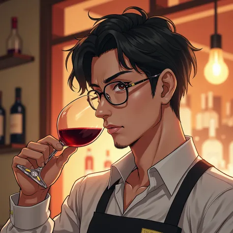 masterpiece, high quality,HD,4K,Man tasting with a wine tasting glass in one hand,I'm taking a wine glass close to my nose and smelling the scent, wearing glasses,(( taking a picture above the man's chest )),(( I'm looking at )),Over my shoulder,The backgr...