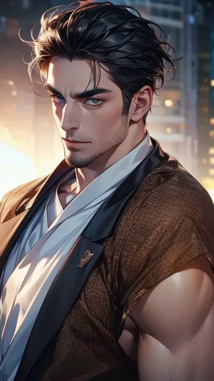 (    best quality,4K,8k,    highres,    masterpiece :1.2),    ultra-detailed    ,(realistic,photorealistic,photo-realistic:1.37),36-year-old man,3 day beard,Beautiful anime,Portraits,strong,Masculine,     with black hair  ,sharp jaw,       mesmerizing eyes...