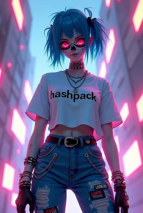 "Create ultra detail a rebellious urban character with female anime skull face, inspired side part hair cut in shades of blue. Graphic white t-shirt with Center the text written in " HASHPACK,"and High-Waisted Jeans featuring chains, patches, and bold grap...