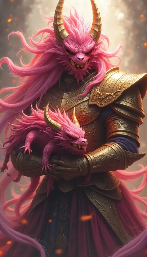  with sacred weapons 、Majestic pink-haired Leviathan holding a majestic pink-haired monster ,    Majestic Pink-Haired Leviathan with Gold Armor   ,   all red  、mighty aura  ,   with fiery eyes  ,   を持った雄大なピンクの髪のリヴァイアサン,   Mysterious and Brave  .
material: ...