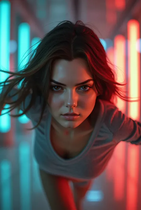 a woman running away from lasers and robots, beautiful detailed eyes, beautiful detailed lips, extremely detailed eyes and face, long eyelashes, kendall jenner, sophia mudd, miranda kerr, megan fox, cinematic photo, masterpiece, photorealistic, high qualit...