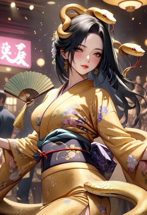 (masterpiece,  best quality:1.2),  female 1 person, Alone, The snake goddess with long black hair , Golden Snake ,  hip swing dance  ,  Gorgeous Kimono, Use banknotes as fans  ,  detailed and realistic skin texture ((  Glitter Effects  ))