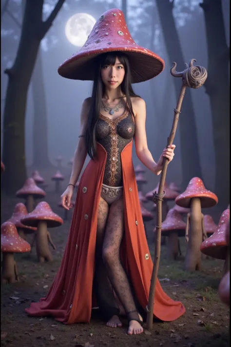 the mushroom sorcerers (cute, age 20, sexy mushroom themed gown with arcane symbols, mushroom hat, magic staff) is leading a horde of short Mushroom goblins into the enchanted forest, mystical moonlit night
