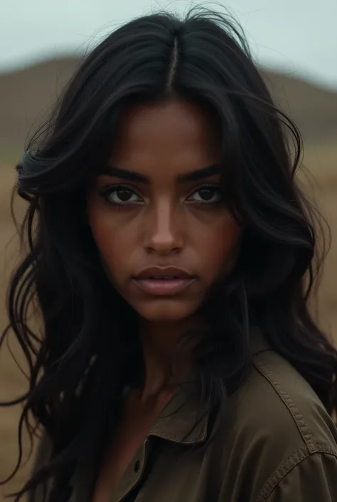  Approximately  dark-skinned brunette. Dark eyes big dark sabelo wavy on the background of a mound. Image that exudes sadness 