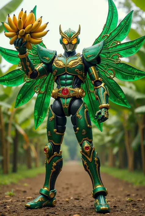 Kamenrider brings bananas,give a thumbs up,8 wings of green color,magic yellow fire eyes,8k, Textured Skin, Banana orchard background 