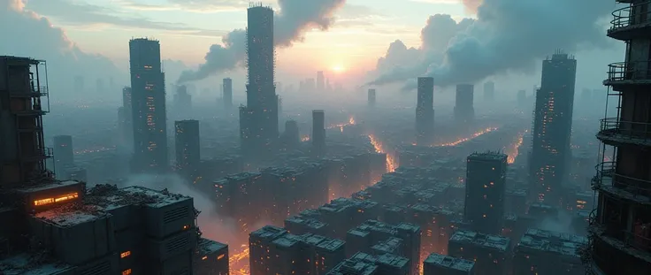 abandoned futuristic cyberpunk city view from sky, destroyed buildings, neonlit buildings, fire, HD, clear sun