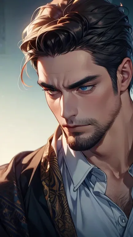 (  best quality,4K,8k,  highres,  masterpiece :1.2),  ultra-detailed  ,(realistic,photorealistic,photo-realistic:1.37),36-year-old man,3 day beard,Beautiful anime,Portraits,strong,Masculine,  with dark hair  ,sharp jaw,   mesmerizing eyes   ,  perfectly co...