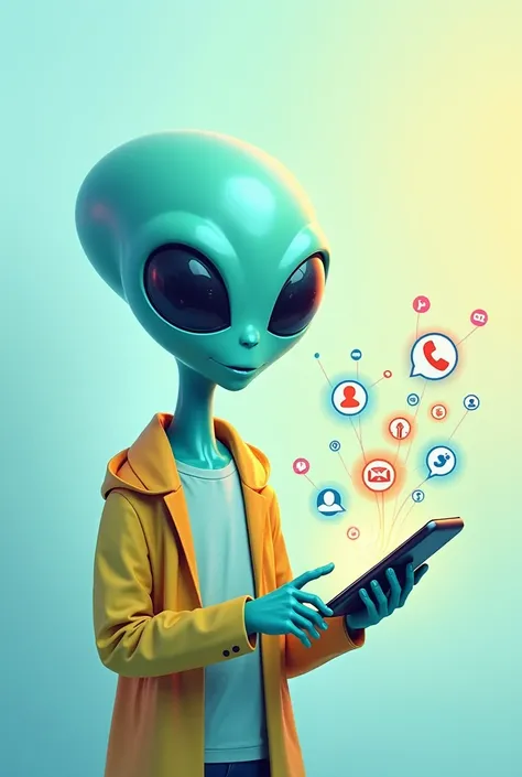 "Create a vibrant and friendly ALIEN illustration depicting the assistance of a smartphone.  Use a color palette that includes light blue , lime green and orange .  The image should show a user interacting with a smartphone ,  with app icons floating aroun...