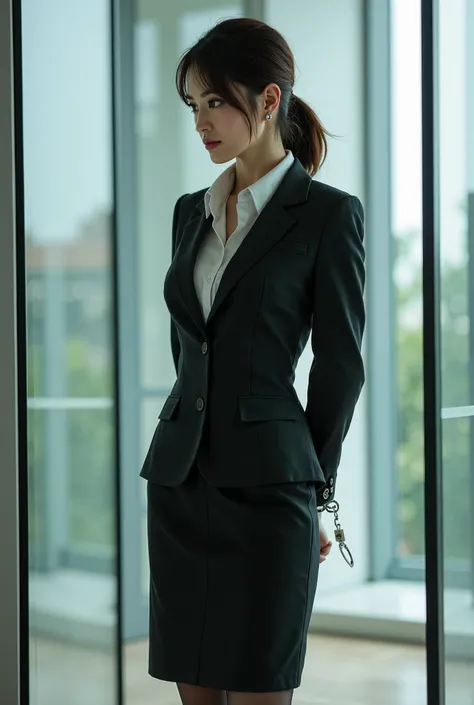 masterpiece, 8k, Photorealistic, (sensual beauty:1.9), beautiful Japanese woman, office worker, business suits, pencil skirt, pantyhose, her hands tied back with handcuffs, detailed face, medium hair, light makeup, standing, museum, (she is inside glass bo...