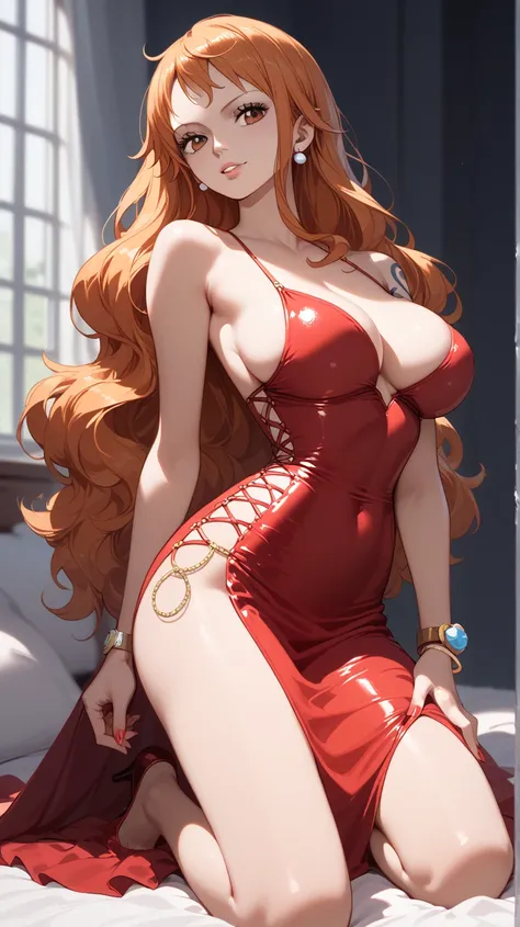 Nami,  long hair ,wearing tight red dress, high resolution,  anatomically correct, La mejor calidad,  tall details,  high quality, Senos grandes,  body masterpiece,  kneeling in four  