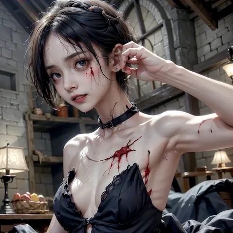  image of a female zombie (( Dead and Resurrected ))  Full Body Looking at You  , Facial deformity ,Wound Exposed  ,  best quality ， crying expression， Very many wounds and bleeding
，露出Armpits， Left Arm Raised High ，Dog collar ，，超級Flat chest，Breastless ，Su...