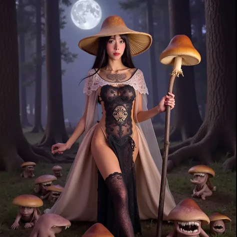 the mushroom sorcerers (cute, age 20, sexy mushroom themed revealing gown with arcane symbols, mushroom hat, magic staff) is leading a horde of short (Mushroom goblins. small, humanoid, mouth full of ragged teeth) into the enchanted forest, mystical moonli...