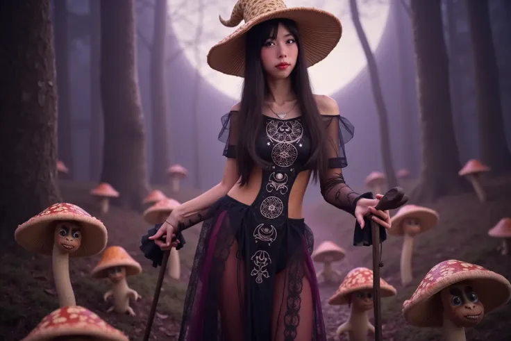 the mushroom sorcerers (cute, age 20, sexy mushroom themed revealing gown with arcane symbols, mushroom hat, magic staff) is leading a horde of short (Mushroom goblins. small, humanoid, mouth full of ragged teeth) into the enchanted forest, mystical moonli...