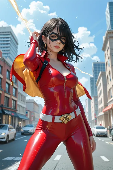 This image shows a female superhero in action on the roof of a building. She is wearing a tight-fitting black and white costume with a yellow lightning symbol on the left breast, giving the impression that she has electrical or energy powers. Her costume h...