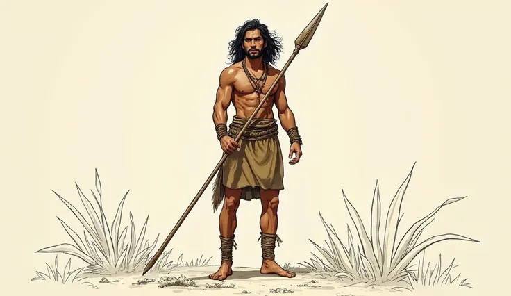 Create a full-body sketch of a young adult Totonac warrior from ancient Veracruz, with an athletic yet lean build, reflecting strength and agility. His dark hair flows naturally, and his expression is focused and determined. He wears a simple, earthy-color...