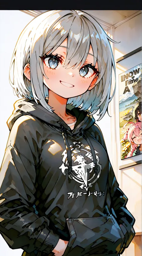  high resolution, masterpiece, accurate,  won many awards ,  best quality,  High Definition Model ,  high detail,  very detailed,  Ultra Fine,  illustration, anime風,  two girls ,  black loose hoodie all around、 smiles,  poster/magazine illustration effects...