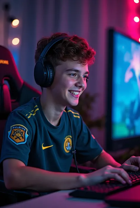 It creates an image of a ager playing Fortnite concentrated on the screen, he has a male gender, brown hair, the weight is medium, he has to wear clothes wearing the Palmeiras uniform, he has to be smiling and scattered in his room, have bright LEDs gamer ...