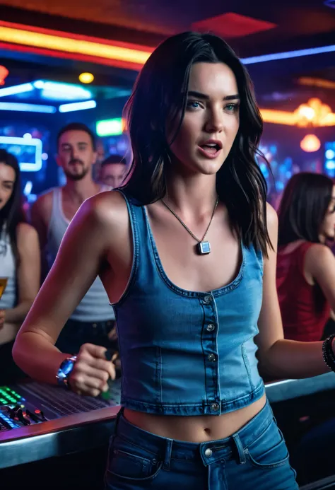 Cinematic Photo a girl whose a combination of Kendall Jenner, Sophia Mudd, Miranda Kerr, Megan fox Jennifer Connelly. dancing, singing at a karaoke bar , wearing tank top, low cut, square neckline, high-waisted jeans, futuristic watch, 