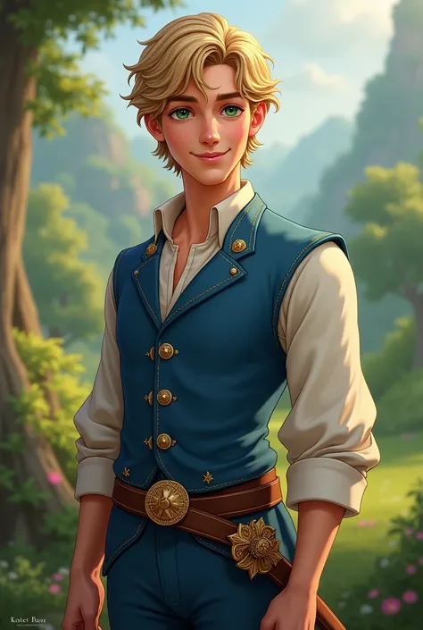 Male character Blonde green eyes beautiful smile dressed as a prince with blue eyes kind eyes