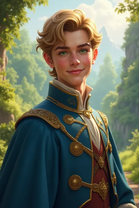 Male character Blonde green eyes beautiful smile dressed as a prince with blue eyes kind eyes