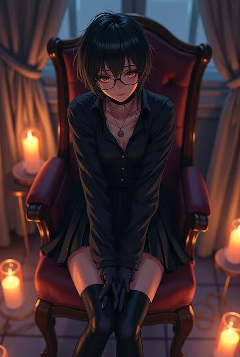 Cute anime guy, black attire, thigh-high socks, pleated skirt, fingerless gloves, glasses, chair, candles, smirking, aerial view, sniper rifle 