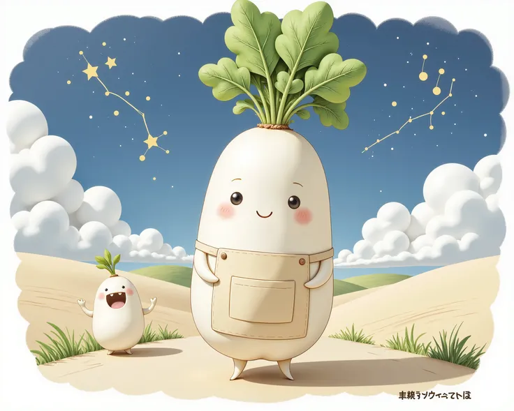 score_9, score_8_up, score_7_up, Wearing an Apron, A human-shaped radish, happy atmosphere, Universe, (round body:1.3),  Journey, Radish on the road, Japanese Illustration Style, (Cute Monster:1.2), (Watercolor:1.7), cute radish, Constellations in the sky,...