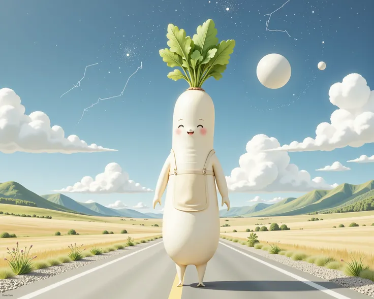 score_9, score_8_up, score_7_up, Wearing an Apron, A human-shaped radish, happy atmosphere, Universe, (round body:1.3),  Journey, Radish on the road, Japanese Illustration Style, (Cute Monster:1.2), (Watercolor:1.7), cute radish, Constellations in the sky,...