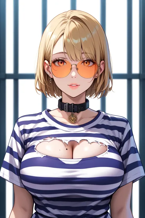 (back view, Background picture),( masterpiece:1.3), (( best quality :1.3), I have no idea,  1 girl,  Polarized glasses , old,  style short hair, Single, collar, Birthmark above lip,  sunglasses , large old, ((Clothes About Us)), (( striped clothes )), pris...