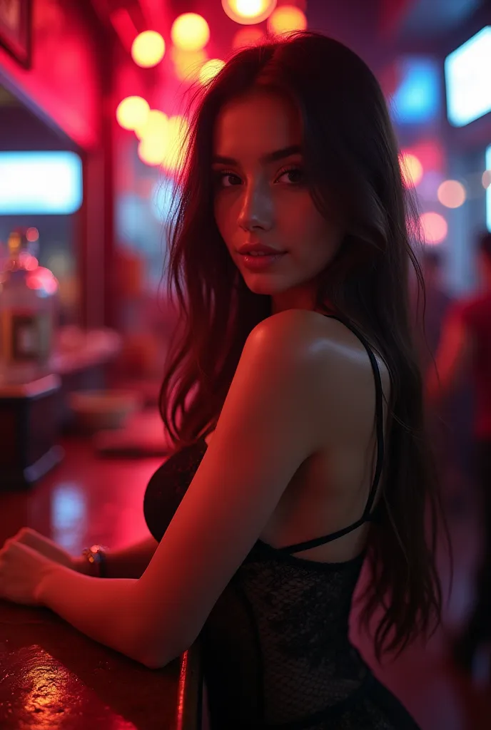  Russian Idol Girls ，Extremely beautiful ， Blue Big Eyes ，Standing on the wall of the bar，Awkward Brawl ， long hair and straight waist-length hair ，Sexy Evening Dress ，Top opens up to reveal sexy lingerie， No panties，lace stocking，(real pictures， best qual...