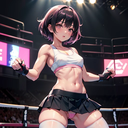 a cute Japanese high school student (((girl fighter))) is fighting in the octagon fighting ring of underground arena with audience. she flaunts her prized shaped body to the audience. Short-cut black hair, erect, pink nipples. (((pink-edging white sports-b...