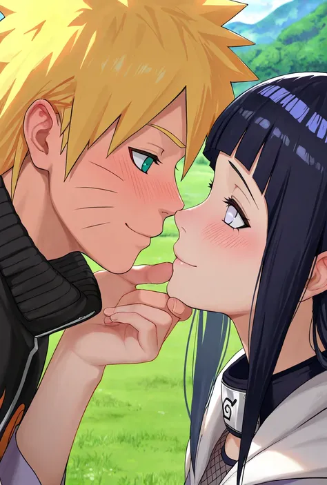 1girls,1boy,(hyuuga hinata, long hair),, naruto uzumaki,  smile, blush,grabbing another's chin, looking each other, sweet, character focus, smooth shade, dynamic angle,outdoor, green field 
,masterpiece,best quality,amazing quality,