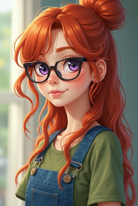 Create an image of an anime character: Aurora is an averaged high woman with an ethereal presence. She had pale skin with freckles that look like “constellations”(as she would describe it). She has very soft facial features and long red-orange wavy puffy h...