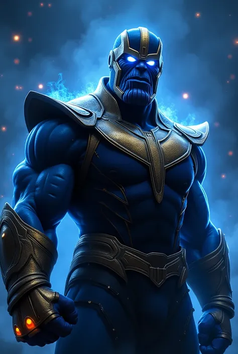 shadowy portrait of Marvel's Cosmic God Thanos, Thanos is wearing a cosmic helmet and armor, extremely detailed, futuristic cosmic background, night, glowing neon lights, smoke billowing, sparks, flying debris, blue energy effects, volumetric light, celest...