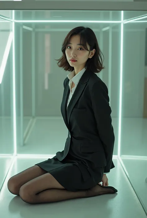 masterpiece, 8k, Photorealistic, beautiful Japanese woman, business suits, pencil skirt, pantyhose, her hands tied back, detailed face, medium hair, light makeup, (she is trapped in a glass cube), she is sitting on the floor of the cube, museum, she is pla...