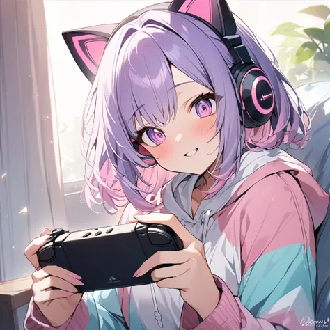  1 girl in the best, masterpiece,  best quality, Bob、Purple Hair、cat ear headphones white、 pink eye gradation、 smiles,  hoodie、Blue and Pink、Pastel gentle shades 、 big-eyed 、Dreamy、I have a game controller　monitor
