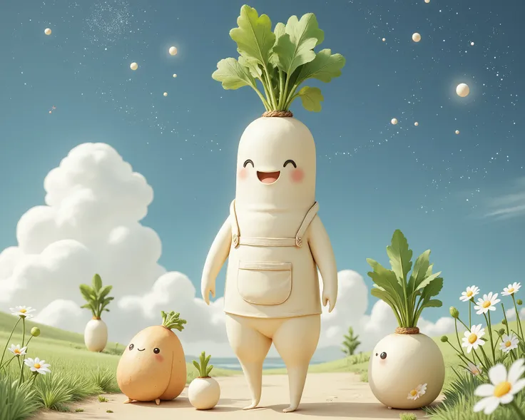 score_9, score_8_up, score_7_up, Wearing an Apron, A human-shaped radish, happy atmosphere, Universe, (round body:1.3),  Journey, Radish on the road, Japanese Illustration Style, (Cute Monster:1.2), (Watercolor:1.7), cute radish, Constellations in the sky,...