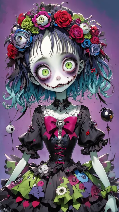   Tim Burton's style、  year old zombie、  full color、