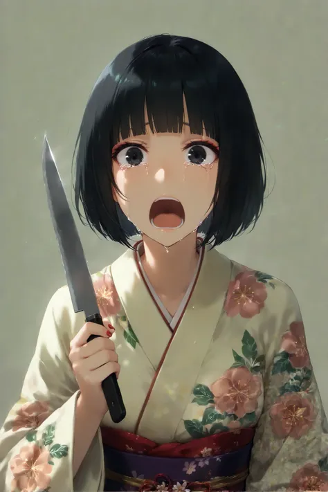score_9, score_8_up, score_7_up, (1girl, solo), upper body, (black short hair, bob cut, blunt bangs), (black eyes, crying, tears), (open mouth, shout), (Japanese clothes, kimono, floral print, sash, long sleeves, obi), head tilt, holding cooking knife, (na...