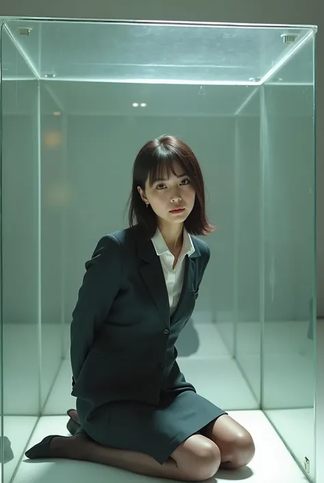 masterpiece, 8k, Photorealistic, beautiful Japanese woman, business suits, pencil skirt, pantyhose, her hands tied back, detailed face, medium hair, light makeup, (she is trapped in a glass cube), she is sitting on the floor of the cube, museum, she is pla...