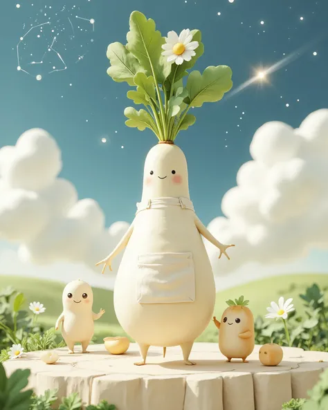 score_9, score_8_up, score_7_up, Wearing an Apron, A human-shaped radish, happy atmosphere, Universe, (round body:1.3),  Journey, Radish on the road, Japanese Illustration Style, (Cute Monster:1.2), (Watercolor:1.7), cute radish, Constellations in the sky,...