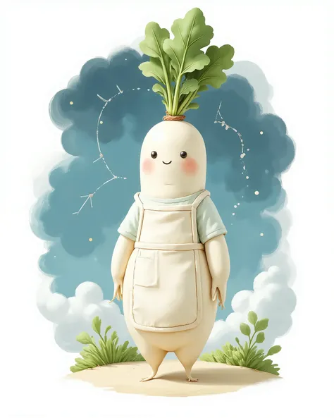 score_9, score_8_up, score_7_up, Wearing an Apron, A human-shaped radish, happy atmosphere, Universe, (round body:1.3),  Journey, Radish on the road, Japanese Illustration Style, (Cute Monster:1.2), (Watercolor:1.7), cute radish, Constellations in the sky,...