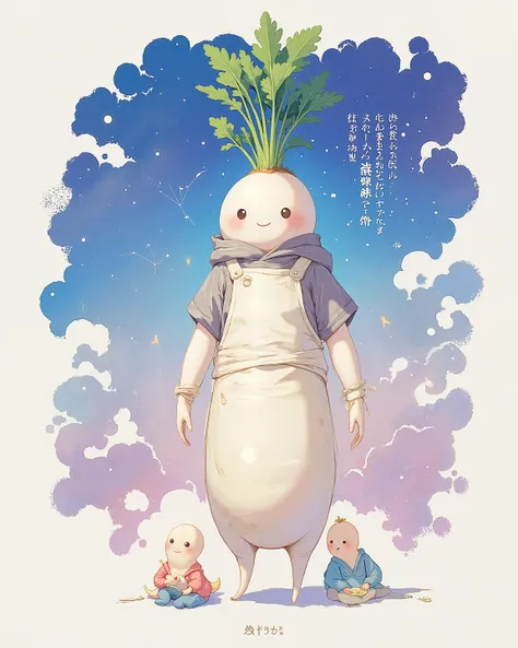 score_9, score_8_up, score_7_up, Wearing an Apron, A human-shaped radish, happy atmosphere, Universe, (round body:1.3),  Journey, Radish on the road, Japanese Illustration Style, (Cute Monster:1.2), (Watercolor:1.7), cute radish, Constellations in the sky,...