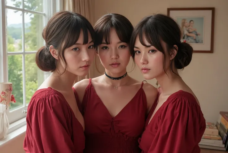 Selfie with 3 twin sisters,  dark haired ,  young look , makeup,  eyeliner ,  short hair with threads around the forehead,  separate fringe ,  dark collar ,  wine red dress , shoulders, looking,  contact view , Living room ,  medium lights , window , sunse...