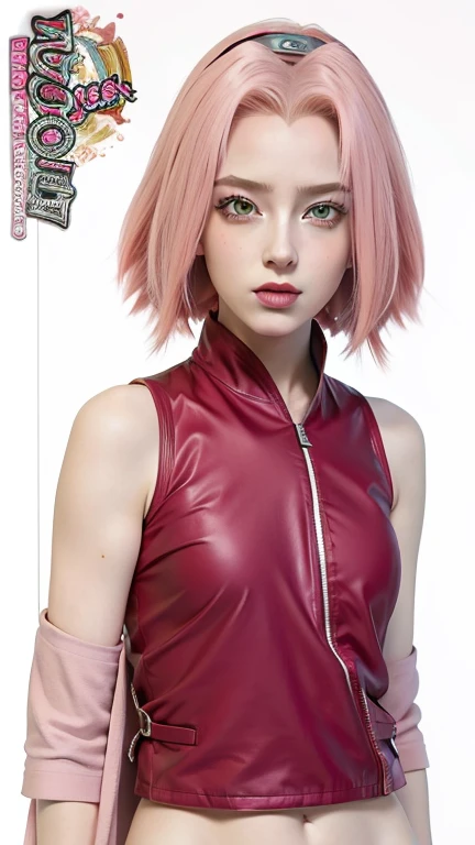  young,   porcelain skin ,  pink hair long gum ,  big pink lips, big emerald green eyes, pink eyebrows,   red clothes, sakura haruno, 3D, realism, 8K.  Written on clothes: "argenis" 