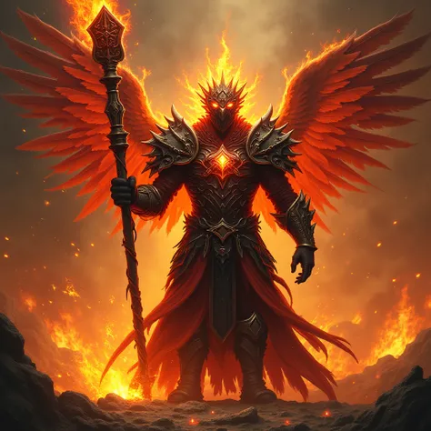 Create an epic and stylized image of a powerful, humanoid wizard with a human head, exuding strength and mastery over fire. The wizard is adorned in heavy, angular armor with fiery red and black tones, inspired by the majestic feathers of a Phoenix. The ar...