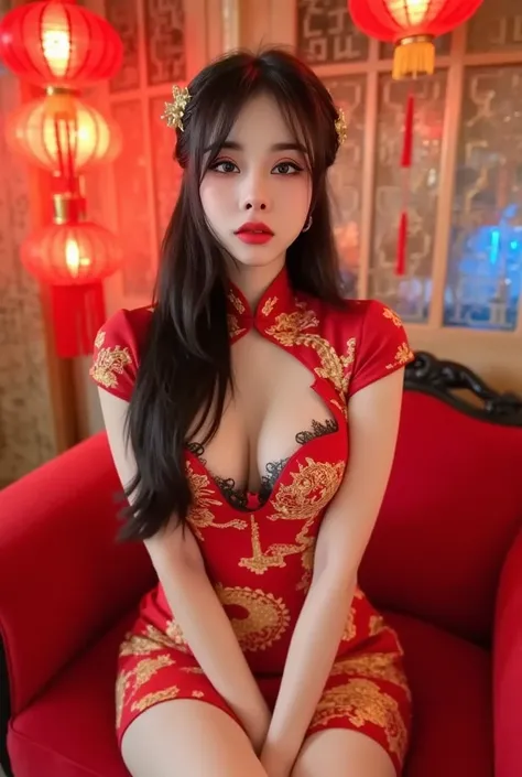 25-year-old Korean girl, Clear focus, Masterpiece details 4K, Deep focus, Facial details, Wearing a red short cheongsam embroidered with exquisite gold dragon patterns, short sleeves and a hole for the cleavage between the breasts, sagging big breasts, in ...