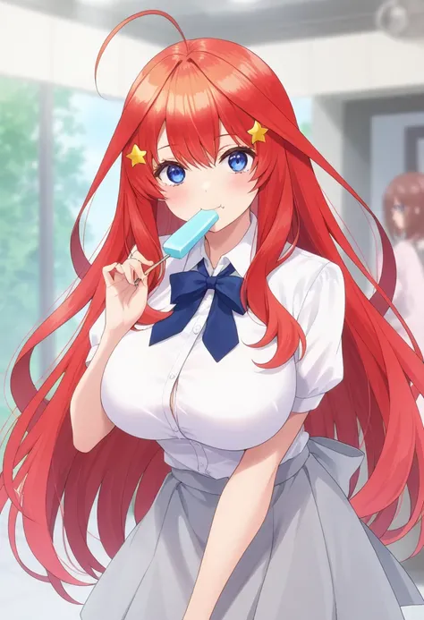  best quality、masterpiece、 1 girl in the best、The Quintessential Quintuplets、Nakano Itsuki、I'm eating dessert、 long hair、bangs、blue eyes、 hair ornament、 hair between eyes、 very long hair that gives off a bow、stupid hair、Red Hair、star（ symbol）、starの hair or...