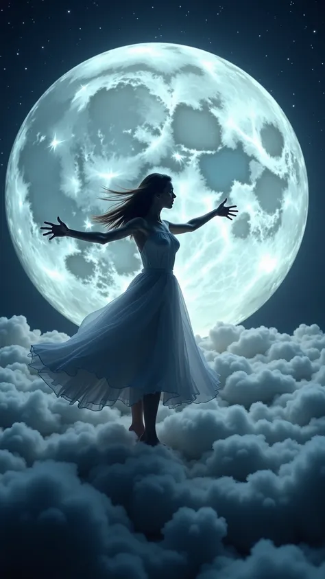 A surreal scene featuring the silhouette of a woman in a flowing dress, gracefully dancing with her arms extended, projected onto a full moon, which fills most of the sky. The woman's shadow moves as if caught in a delicate dance, her body elegantly curved...