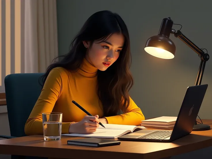 A hyperrealistic digital painting of a young woman studying at her desk, illuminated by warm desk lamp lighting. She has long, wavy black hair, wears a mustard yellow turtleneck shirt, and is writing on paper with a black pen while looking at her laptop sc...